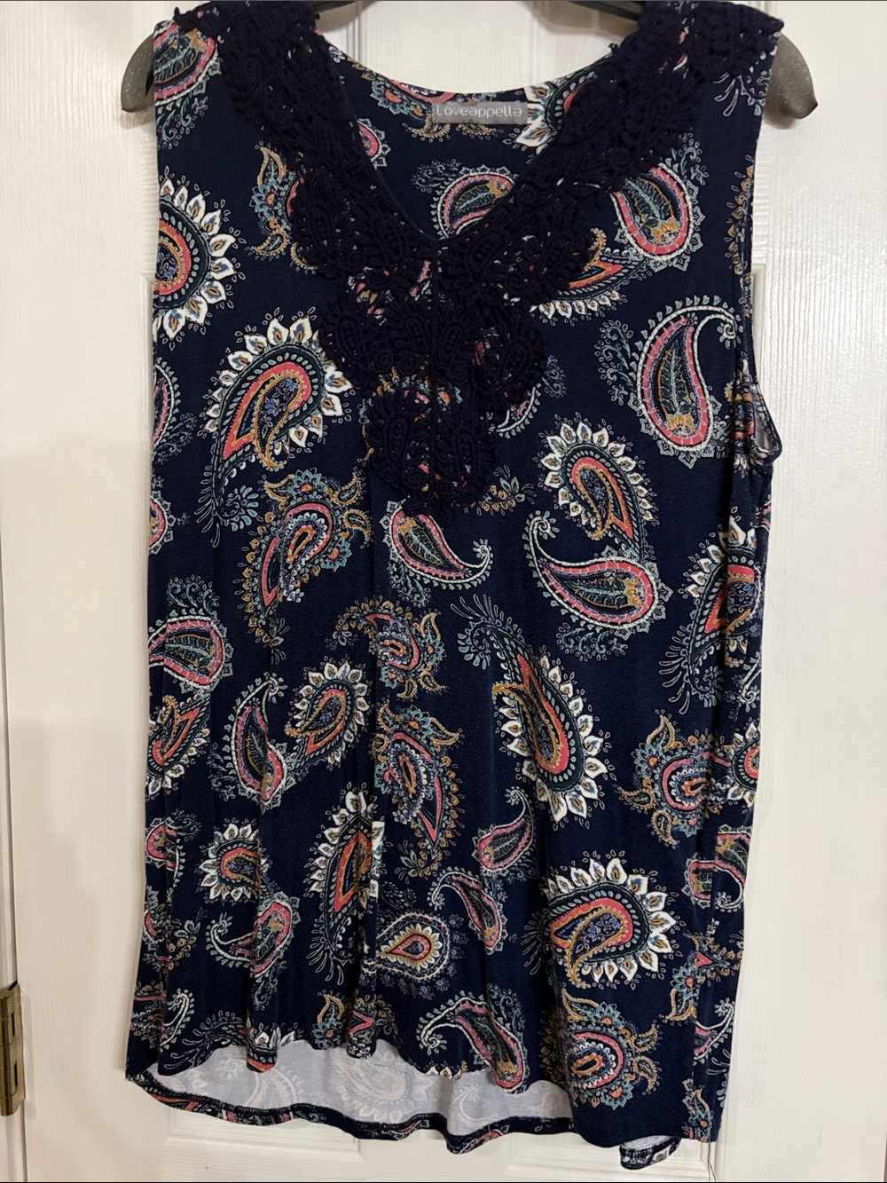 Loveappella Navy Paisley Crochet V-Neck Tank